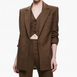 Alice & Olivia Colley Notch Collar Plaid Blazer Jacket Camel/Black Size 14